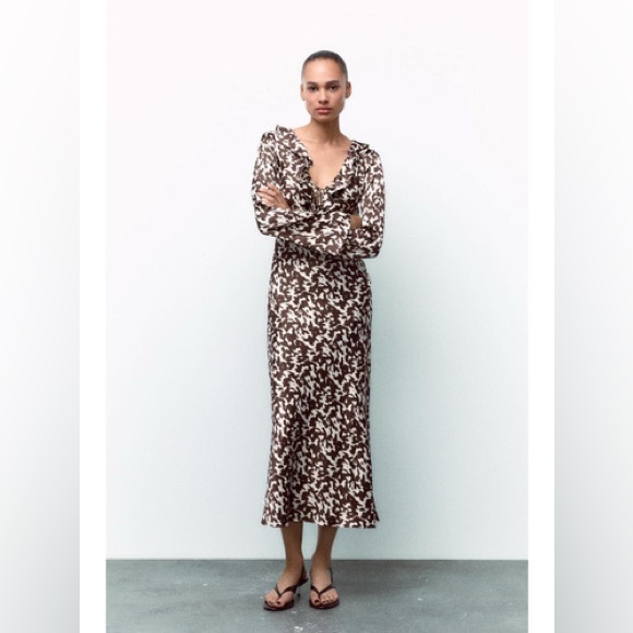 ZARA ~ Printed Satin Effect Midi Dress with Ruffles - Picture 5 of 12